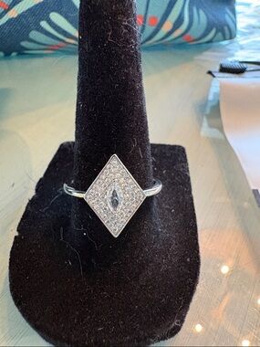 Sterling Silver Marquise Pavé Diamond-Shaped Ring - Silver Size 8